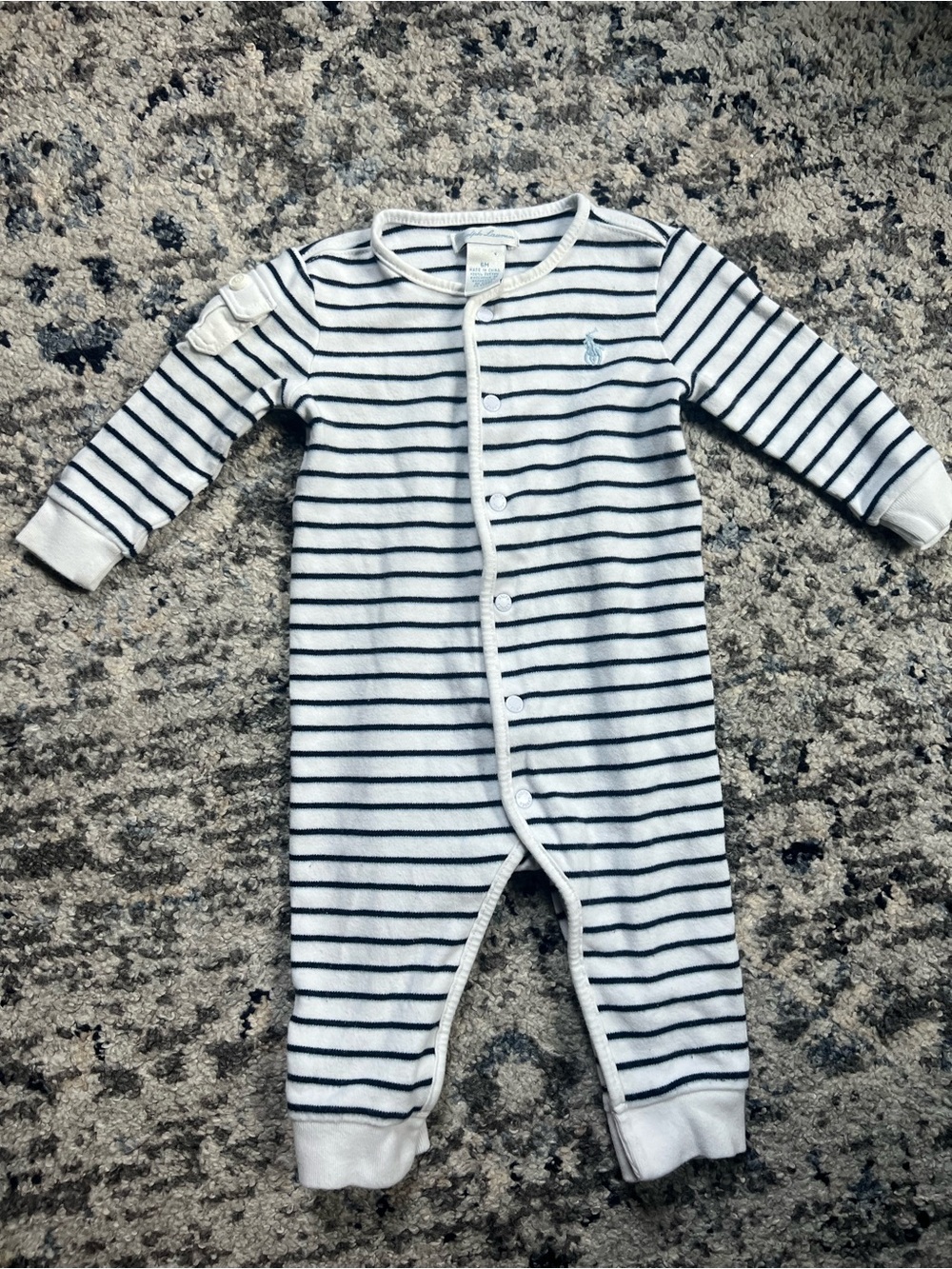 RALPH LAUREN Striped Navy + White 6M Baby Onesie Coveralls